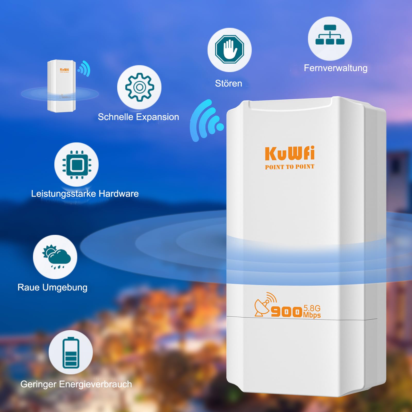 KuWFi Bridge WLAN 5,8 GHz, 900 Mbps Outdoor Wireless Bridges, 2 KM Point to Point WiFi Bridges,12 dBi Antenna 24 V PoE, IP65 Impermeabile Network Bridge per router Starlink/fotocamere/giardino/fienile