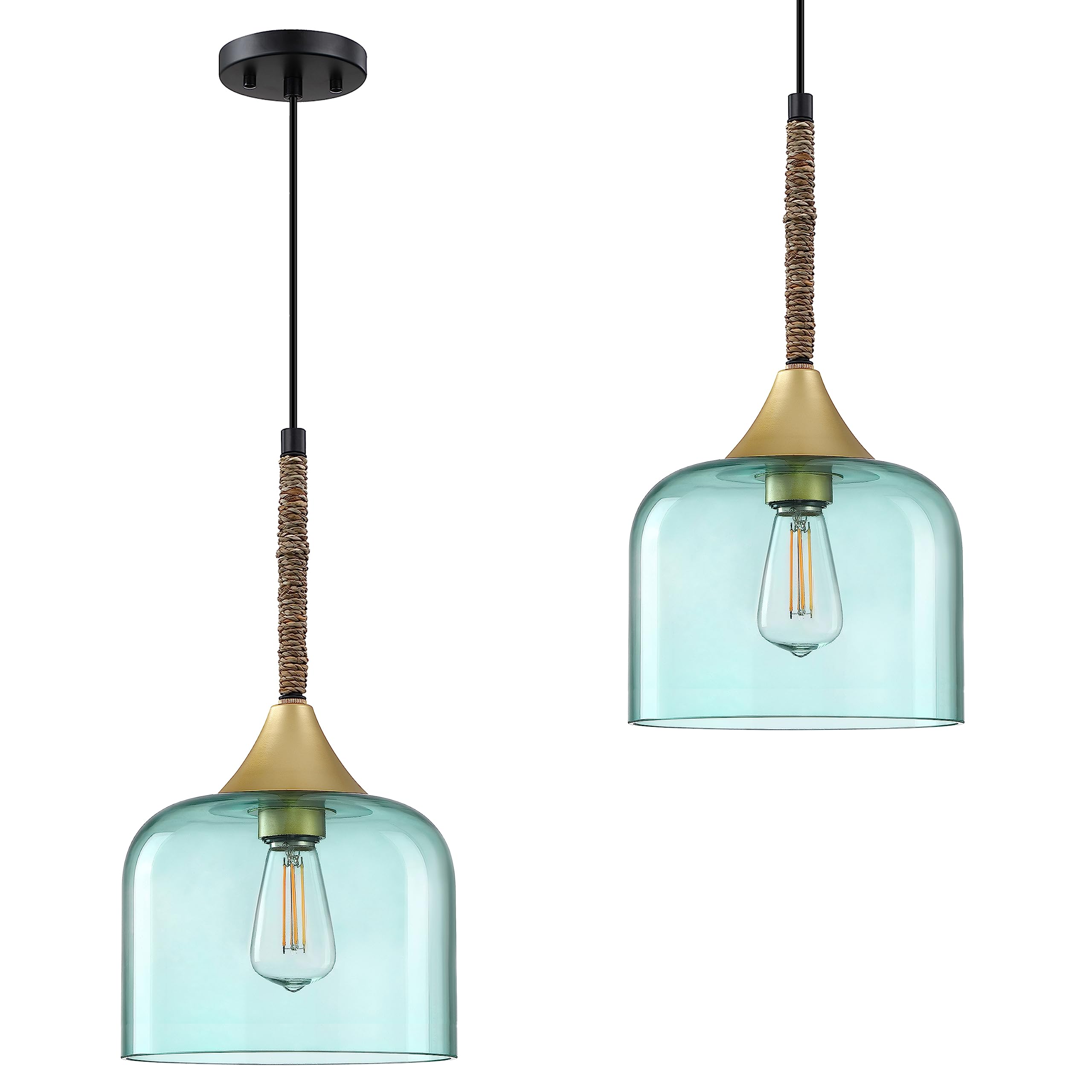 Photo 1 of 2 Pack 1 Light Indoor Hanging Gold Kitchen Island 7.3" Green Glass Paper Rope Pendant Light Fixtures Black Finish Modern Farmhouse Dinning Over Sink 2 Pack Green Glass
