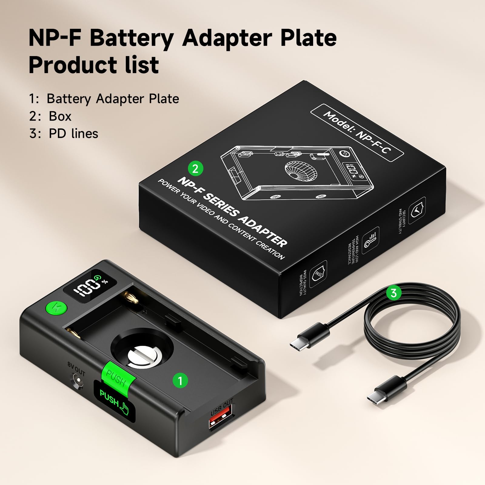 Piastra Adattatore NP-F per Batterie Sony NP-F980, 970, 960, 930, 770, 750, 550 con Ricarica Rapida PD, Luce LED/LCD, USB-A, Uscita 12V DC / 8V DC