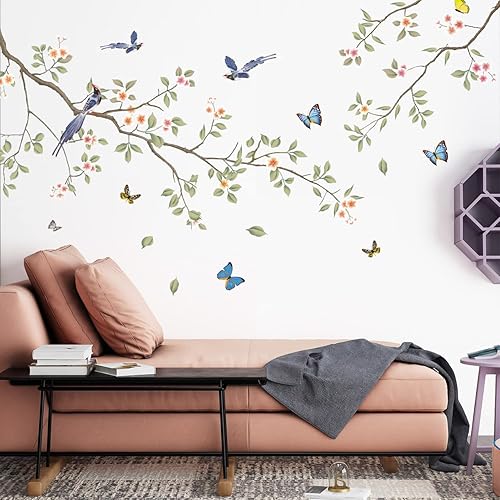 Miniatura 8 de Calcomanías de pared de ramas de hojas verdes, calcomanías de pared de flores blancas, calcomanías de pared extraíbles para bricolaje, mariposas y