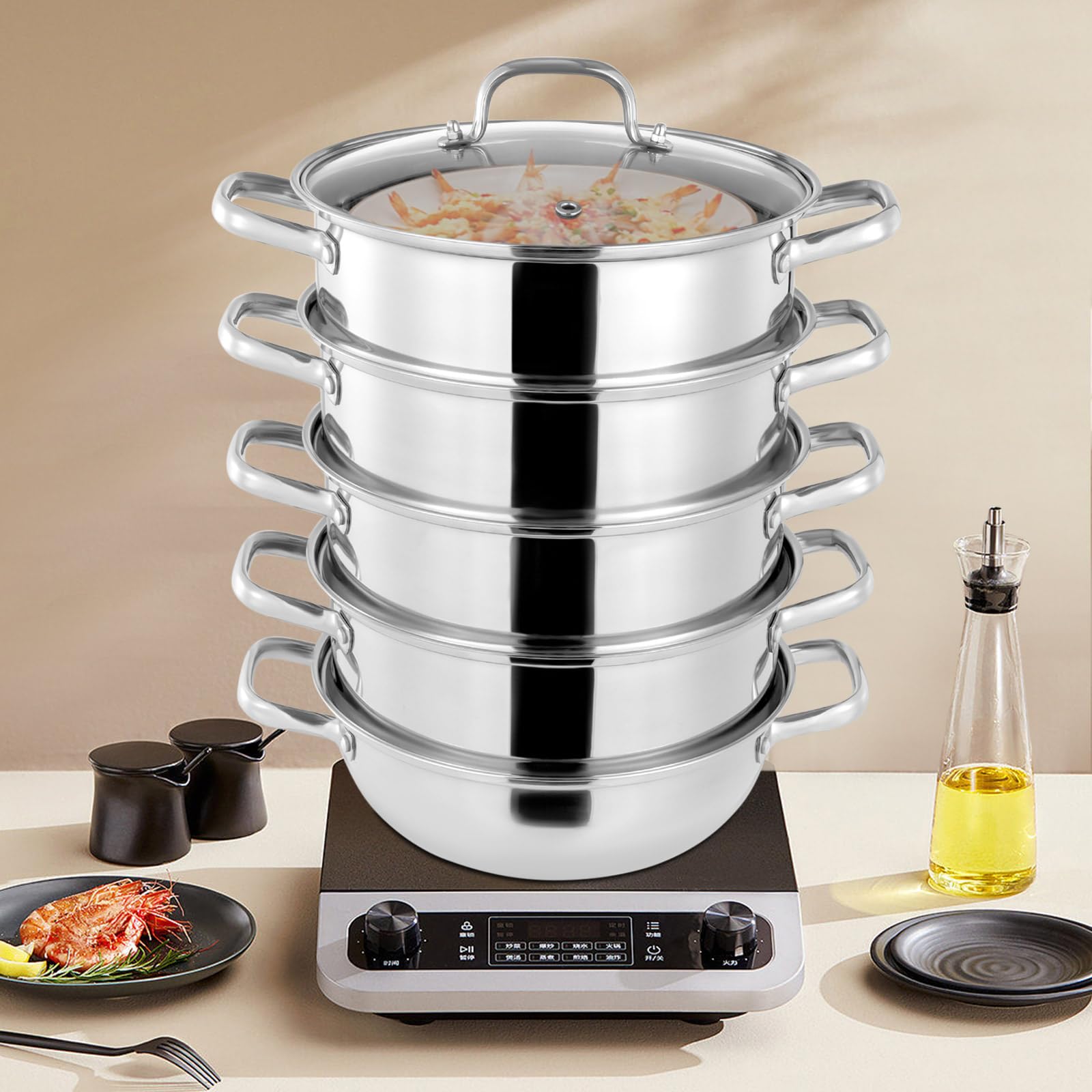 5 Etagen Dampfgarer, Edelstahl Dampfkocher, Dampftopf für Gas, Induktion, Elektro, Keramik (28cm)