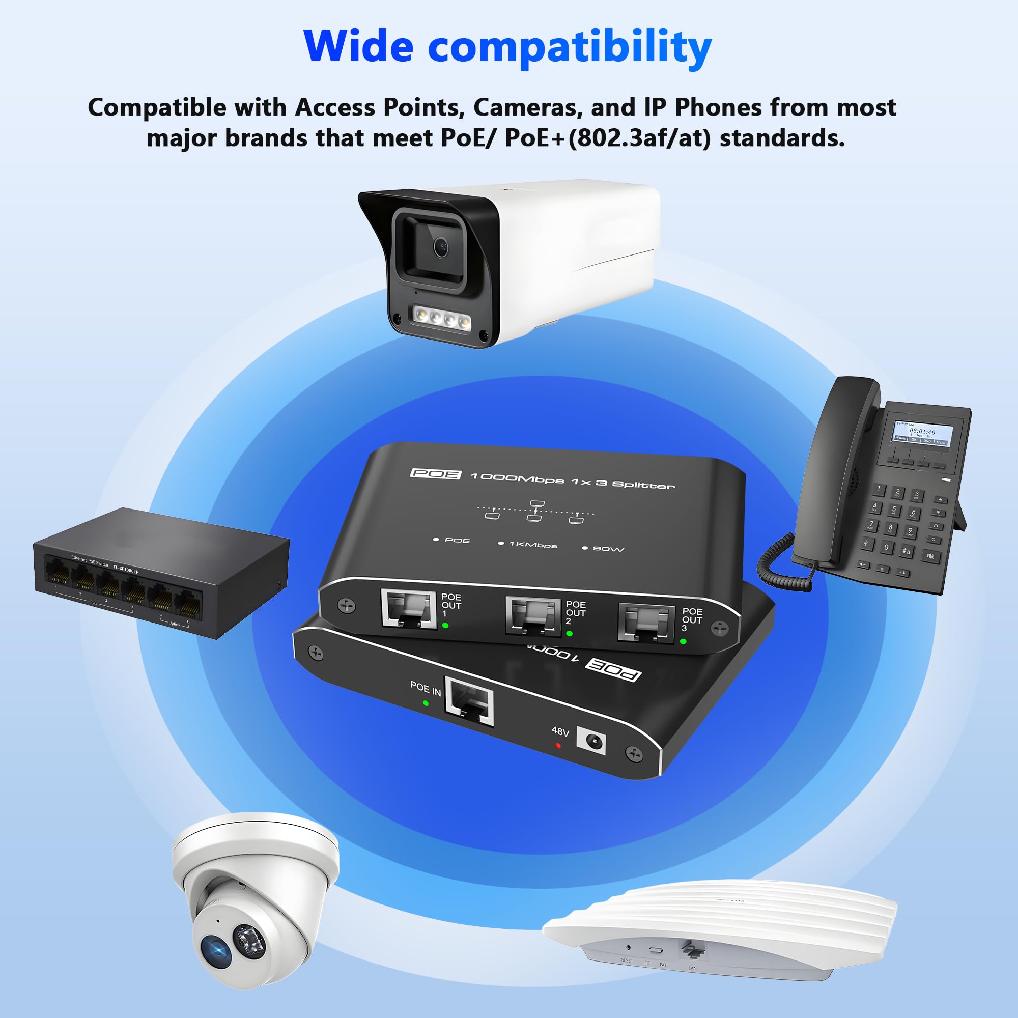 Commutateur PoE 1 entrée 3 sorties, répartiteur PoE Gigabit 3 ports, conforme à la norme IEEE 802.3at/af, concentrateur d'alimentation par port 30 W par port pour caméras IP/points d'accès/téléphones