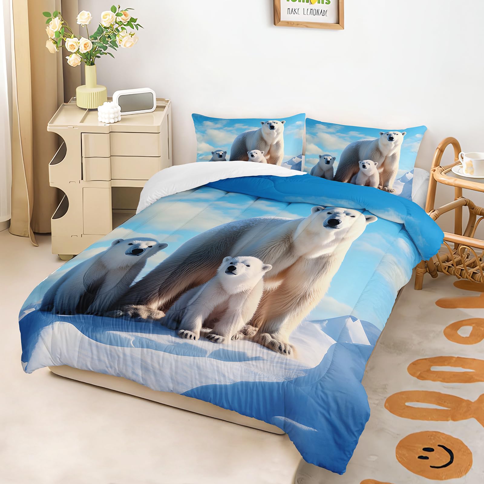 OUIXOTIC Polar Bear Bedding Set Queen, Polar Bear Family Comforter Set for Boys Girls,Kids Snow and Ice Duvet Set Natural Comforter Fashion Teens Bedroom Decor 3 Pcs Bed Collection