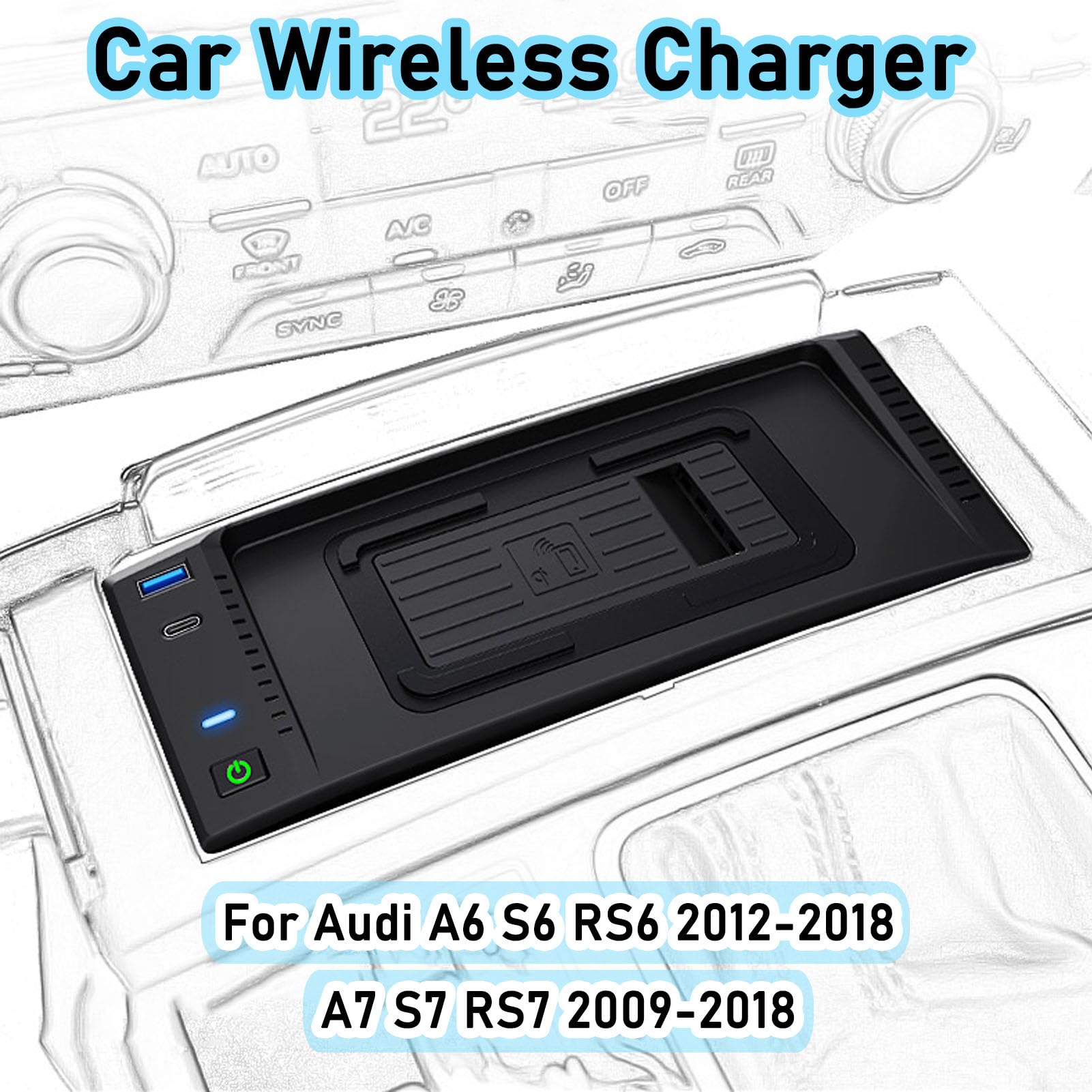 Caricabatterie Wireless per Auto per A6 S6 RS6 2012-2018 A7 S7 RS7 2009-2018 Tutti i Modelli Accessorio con 15 W Wireless e 27 W USB Qc3.0 Ricarica Rapida Regalo per la Famiglia