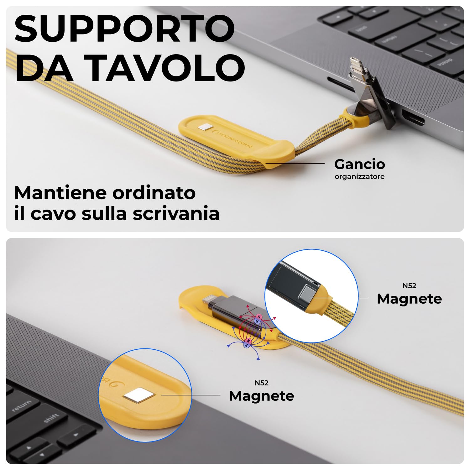 Rolling Square inCharge XL 200 cm - Cavo Usb Type-c, Cavo Universale Cellulare, Regalo Uomo, Caricatore Universale Cellulare 6 in 1, Gadget Tecnologico, Giallo, Cavo Lightning da 100W