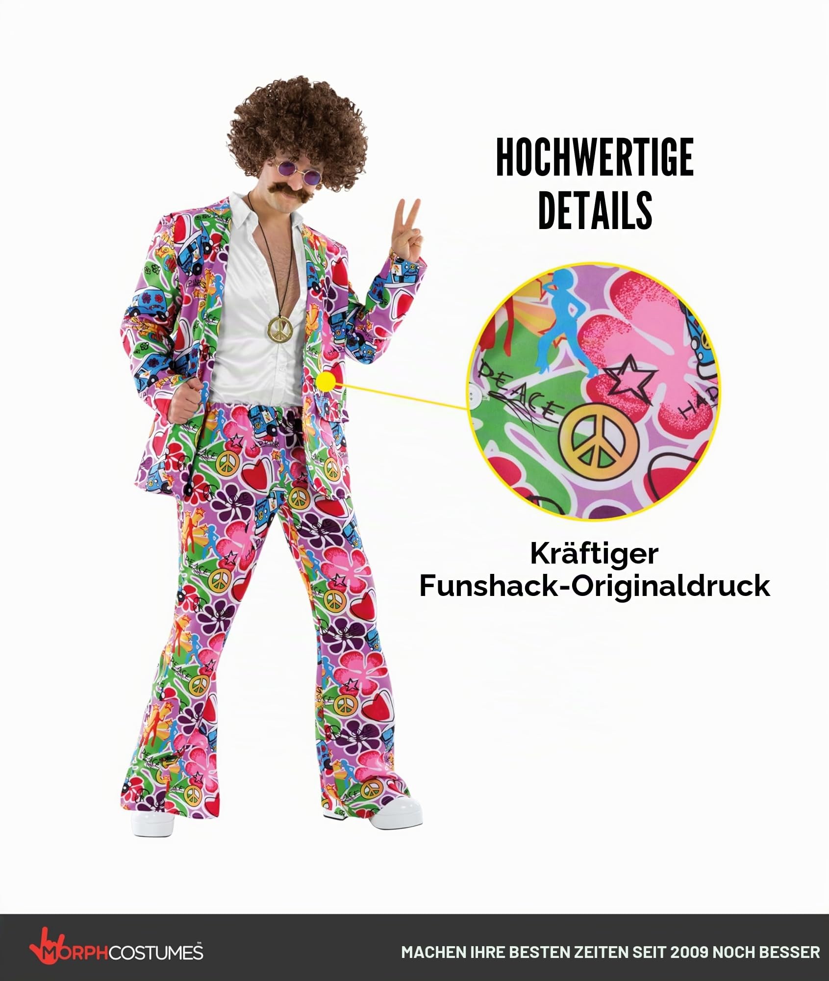 Fun Shack Hippie Kostüm Herren, 70er Jahre Outfit Herren, Kostüm 70er Jahre, Hippie Anzug, Schlagermove Outfit Männer, Faschingskostüme Männer, Karneval