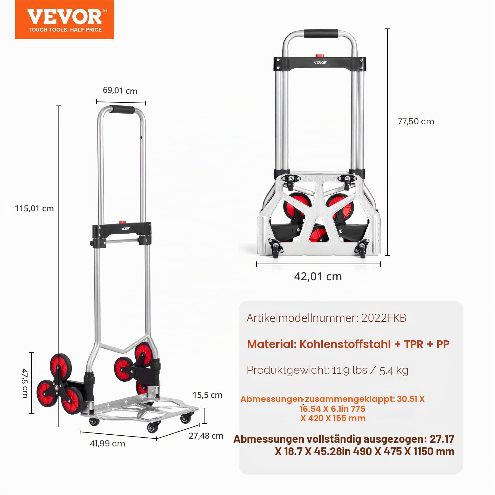 VEVOR Sackkarre 490 x 475 x 1150 mm, Treppensteiger, Treppensackkarre 118 kg, zusammenklappbarer Trolley mit Teleskopgriff, 10 Rädern & 2 elastischen Seilen für Zuhause, Einkaufen, Umzüge & Lager