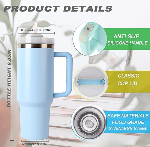 Miniatura 2 de Vaso de 40 onzas con asa y tapa con pajilla, taza de viaje de acero inoxidable, botella de agua, reutilizable, aislada al vacío, a prueba de