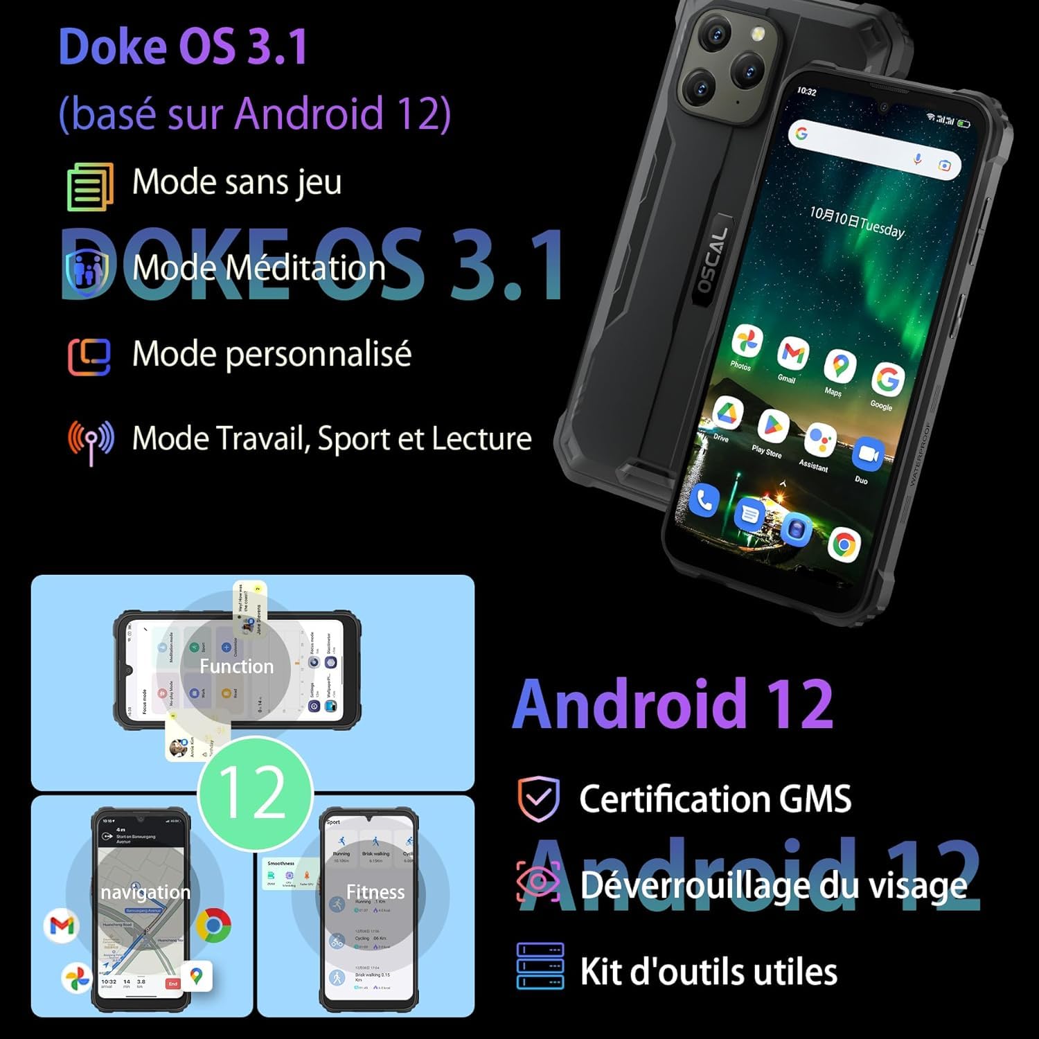 OSCAL s70 proスマートフォン ブラック/グリーン Amazon | OSCAL S70 Pro頑丈スマートフォン2023、7GB RAM + 64GB ROM