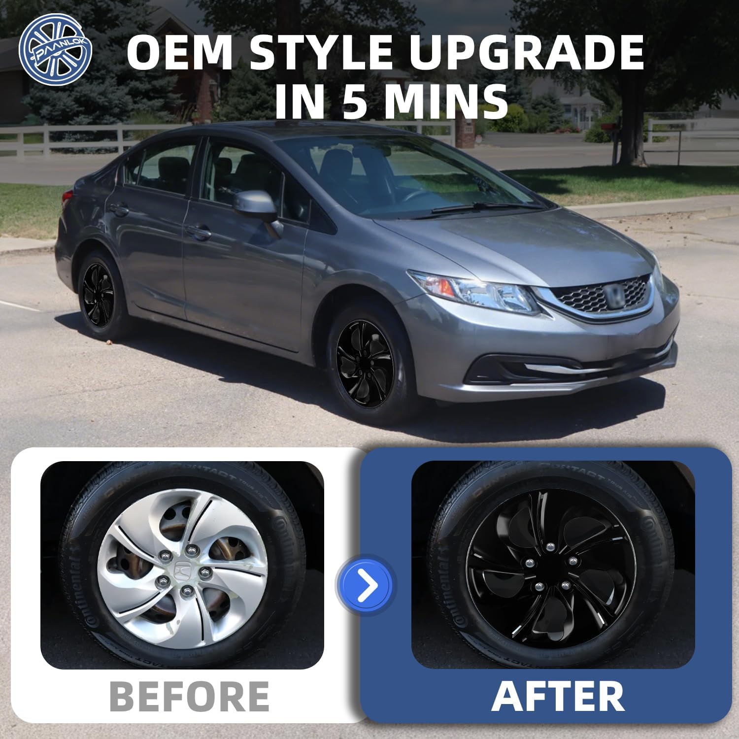 15 Inch ABS Wheel Covers for 2006-2011 & 2013-2015 Honda Civic, Bolt-On 15" Steel Wheels, OEM Replacement #44733-TR3-A00 / #44733-SNE-A00, Gloss Black Hubcaps 4-Pack