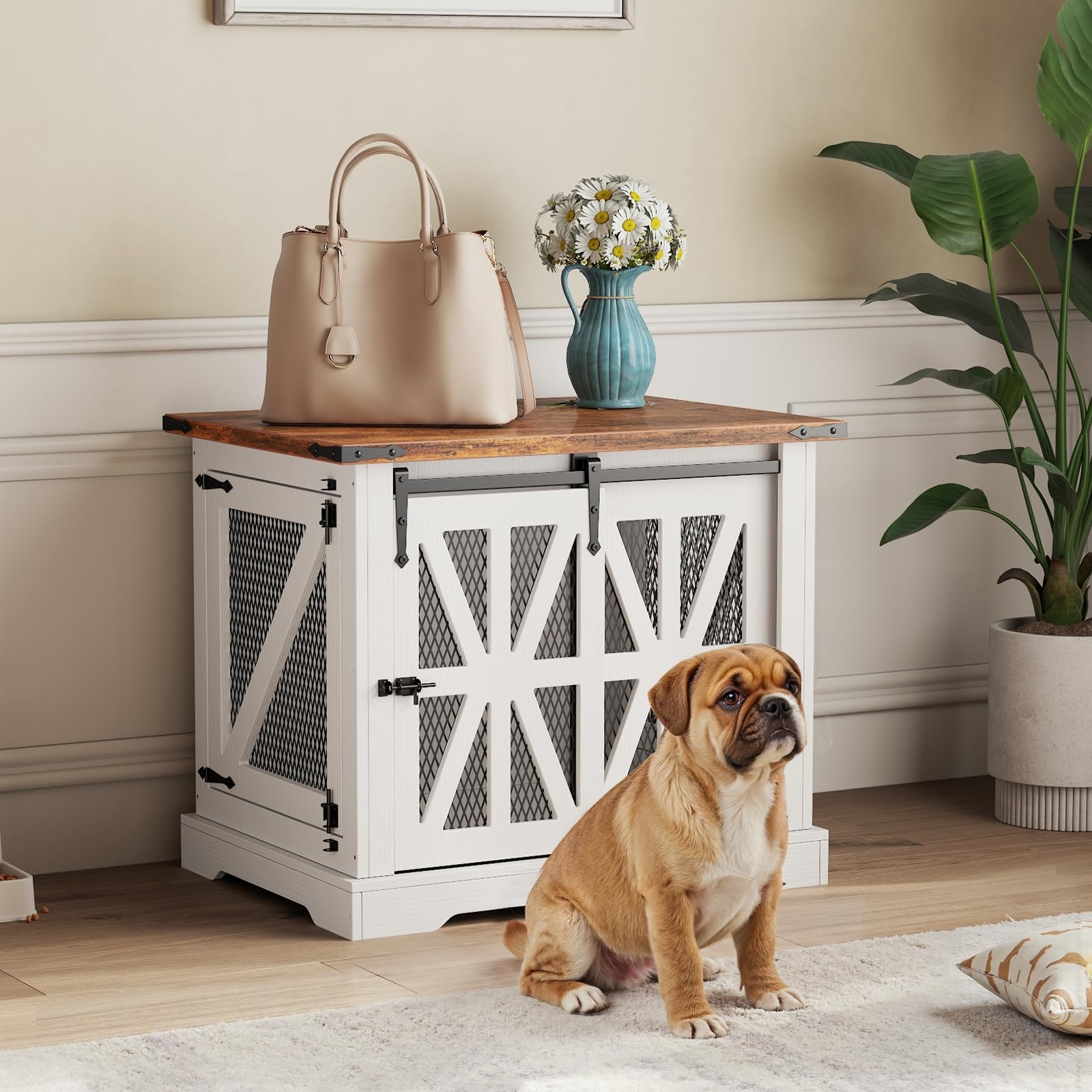 Jaula para Perros, Caja de Perro de 73 cm, Jaula para Perros de Tres Puertas para Uso Doméstico, Puerta Corredera, Casa Moderna de Madera para Perros, Cachorros, Diseño Reforzado, Blanca