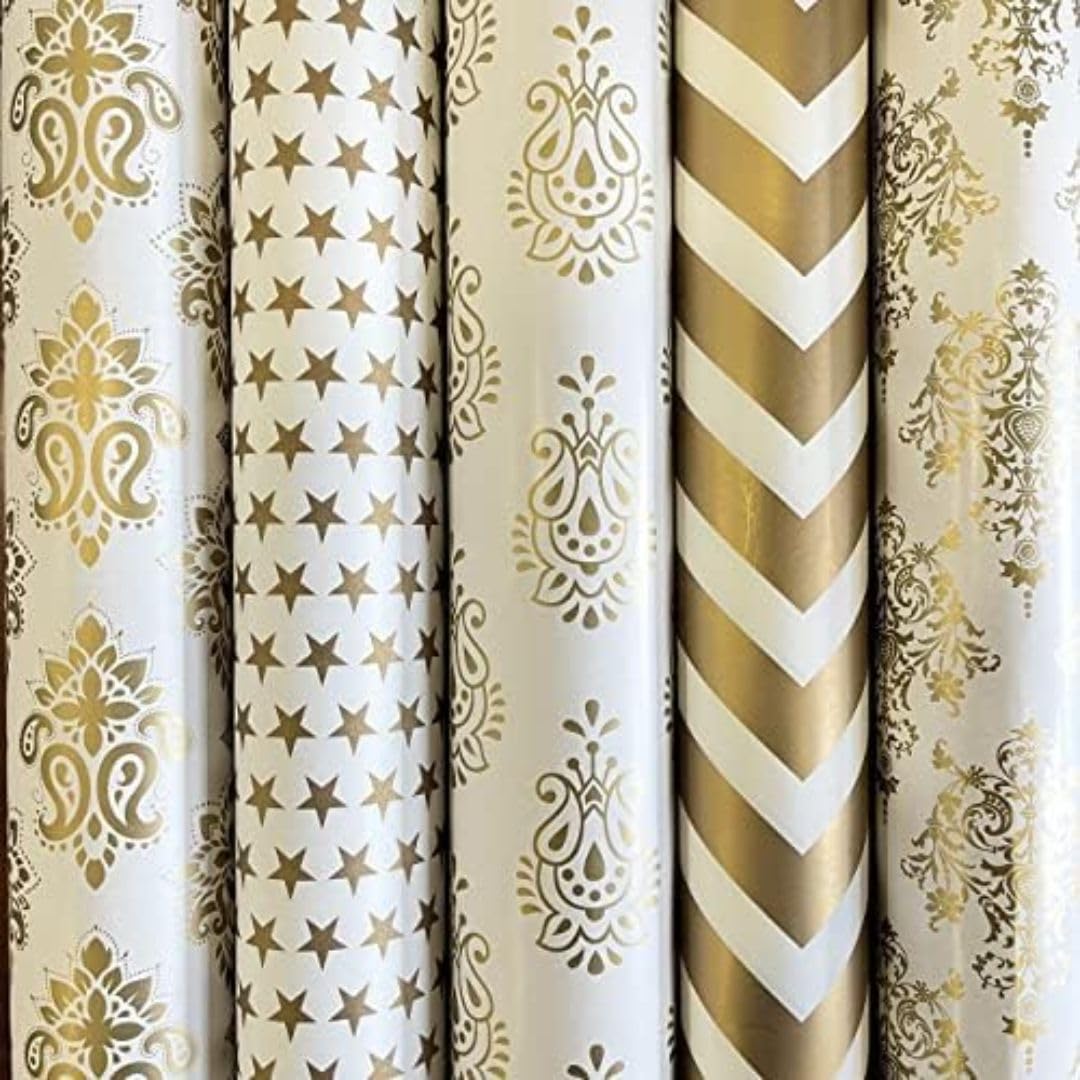 SATYAM KRAFT 5 Pcs White & Golden Premium Design Gift Wrapping Paper for Him/Her, gift Packing Sheets Decorative Romantic Gift Wrap for Birthday, Anniversary, Wedding, Return Gifts, Packaging material, Valentine, Craft (Golden Paper)