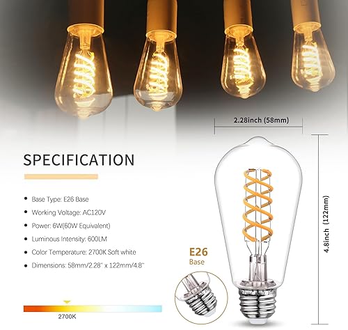 Miniatura 2 de 4 bombillas LED Edison vintage regulables, equivalente a 6 W, 60 vatios, blanco cálido 2700 K, bombilla de filamento LED en espiral flexible