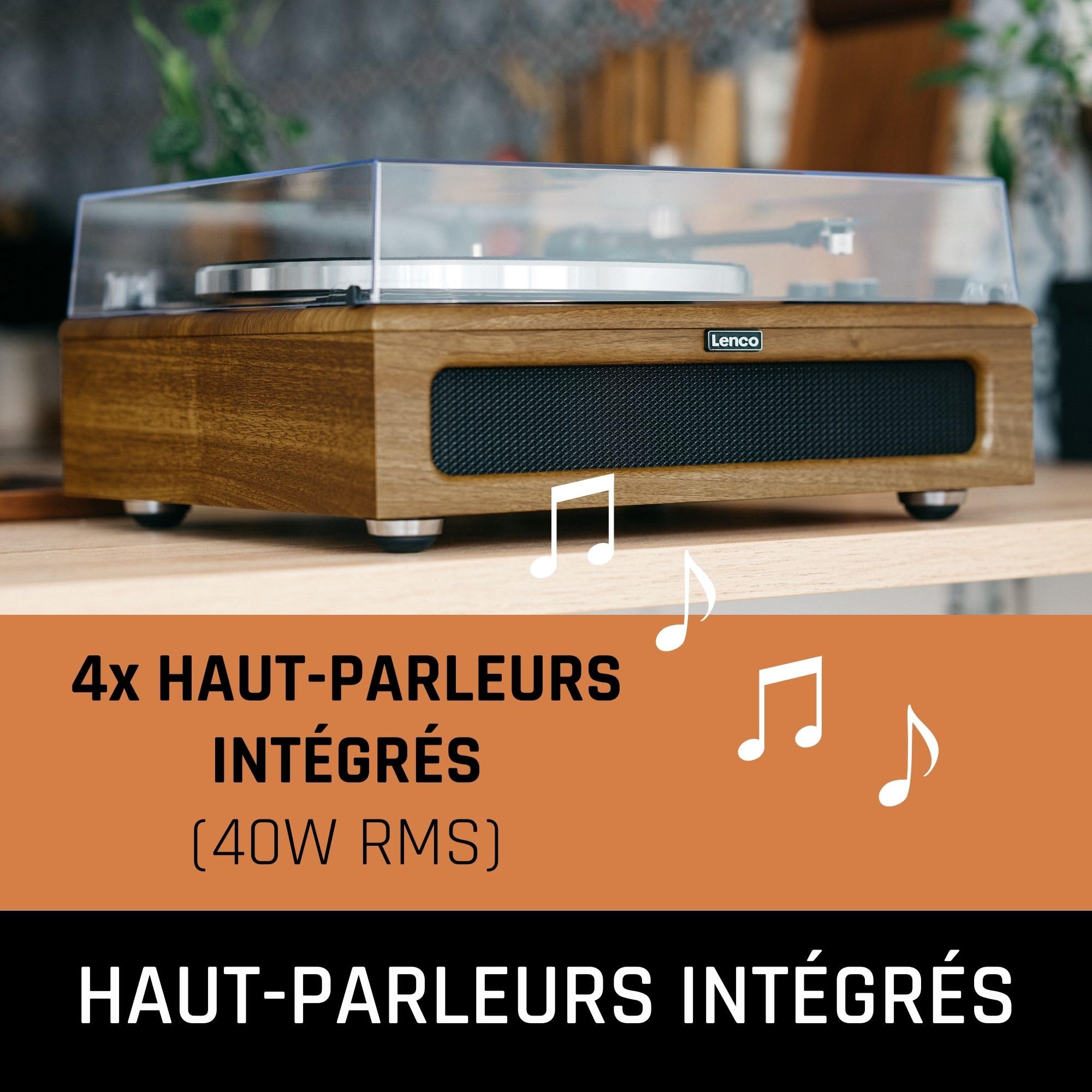 Lenco LS-410WD - Vinyle, Platine Vinyle, Tourne Disque, Lecteur Vinyle, Bluetooth - 33 et 45 - Cellule AT-3600 - 40 W RMS - 4 enceintes intégrées - Préamplificateur - RCA - AUX - Bois