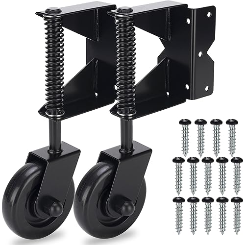 Gate Wheel, Spring Loaded Gate Caster, Heavy Duty Wooden Fence Gate Caster Wheel, 360 Degree Swivel Outdoor Swing or Rolling Gate Support Wheel Kit, 4-1/2 Inch, 220 Lbs Capacity, Black (Left & Right)