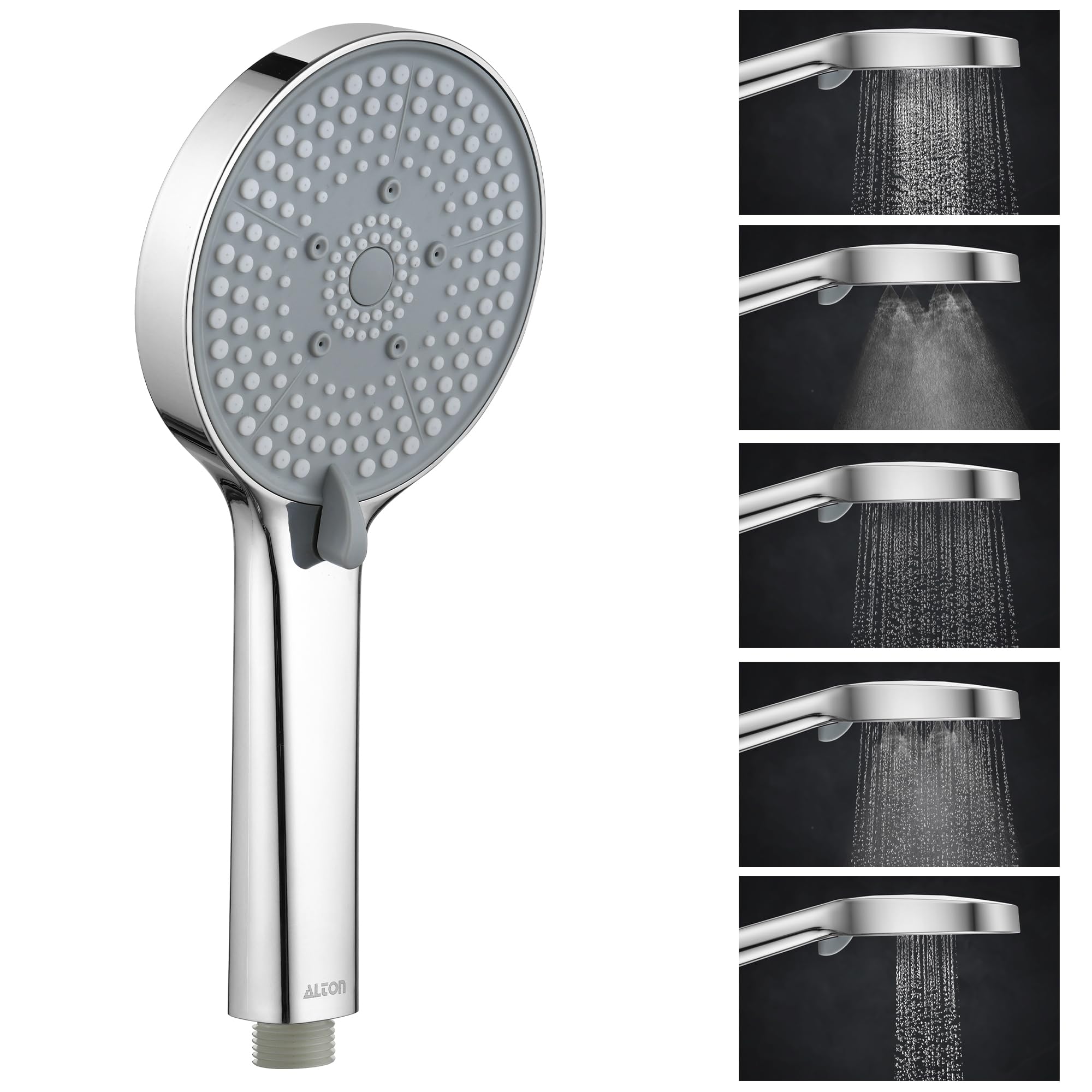 ALTON SHR20765 ABS 5-Function Hand Shower with 1.5 Meter Flexible Tube and Wall Hook, Chrome Finish (Hand Shower Only, Silver)