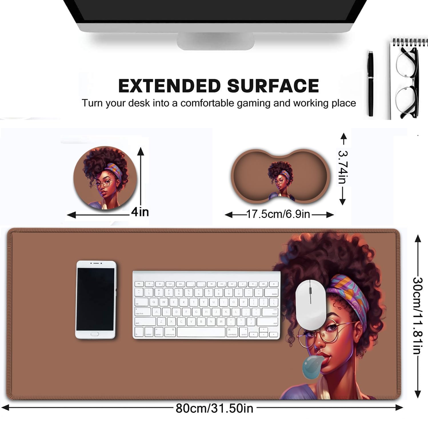 African American Black Girl Pattern Gaming Desk Mat With Coasters - Large 31.5x11.8 Inch Mouse Pad