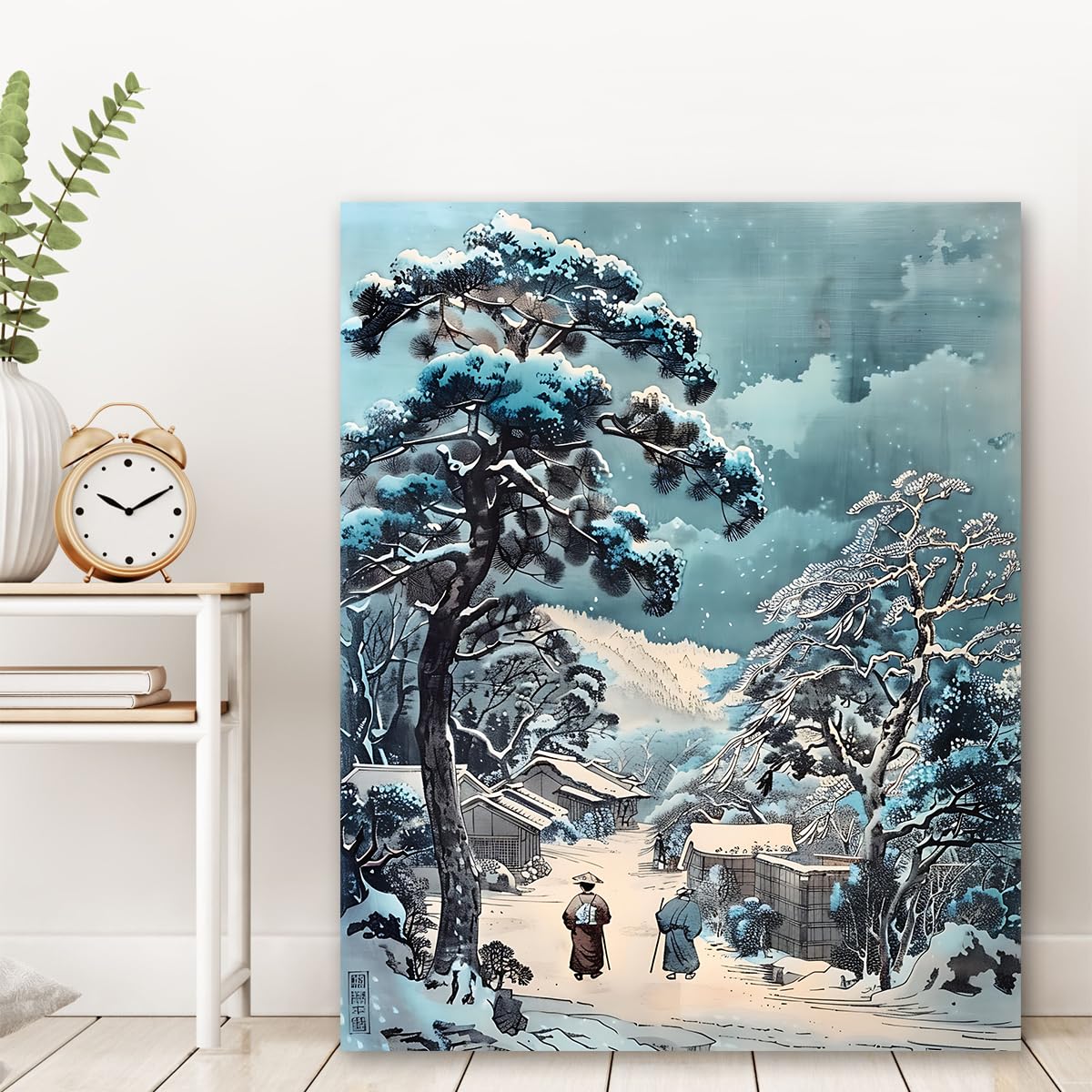 Via Vela Paysage traditionnel hivernal japonais Art mural mural Fresque de village enneigé Œuvre orientale Affiche pour décoration de buanderie 90x120cm
