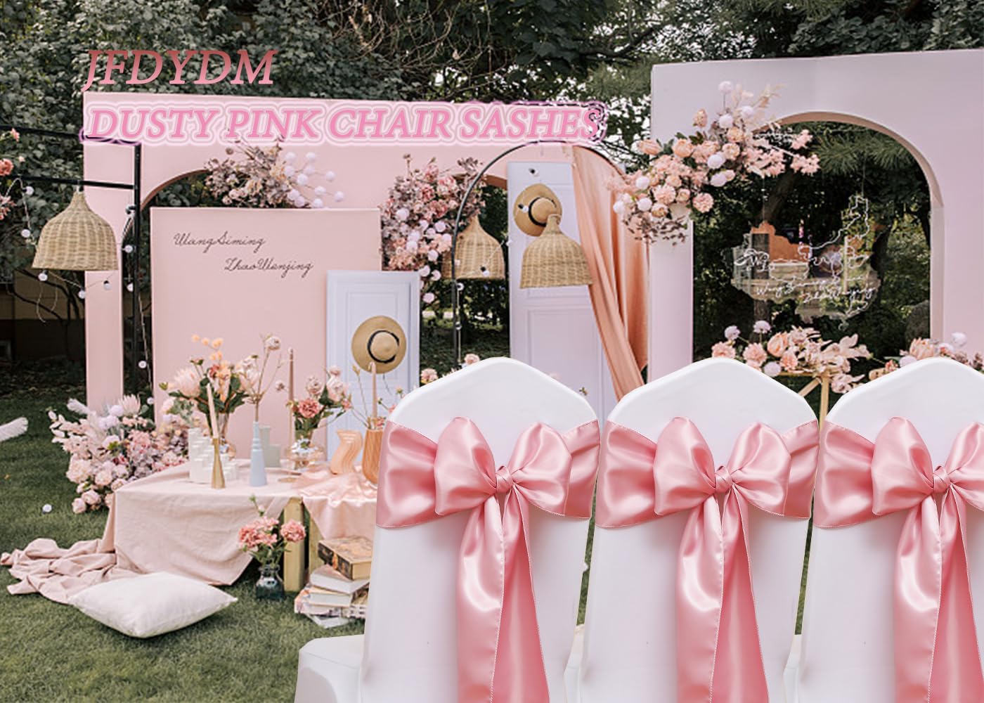 JFDYDM 50 Pack Satin Dusty Pink Chair Sashes Bows for Birthday Wedding Party Baby Shower Gender Reveal Decorations, Dusty Pink Satin Chair Sashes Ties for Folding Chairs Banquet Chairs Chiavari Chairs