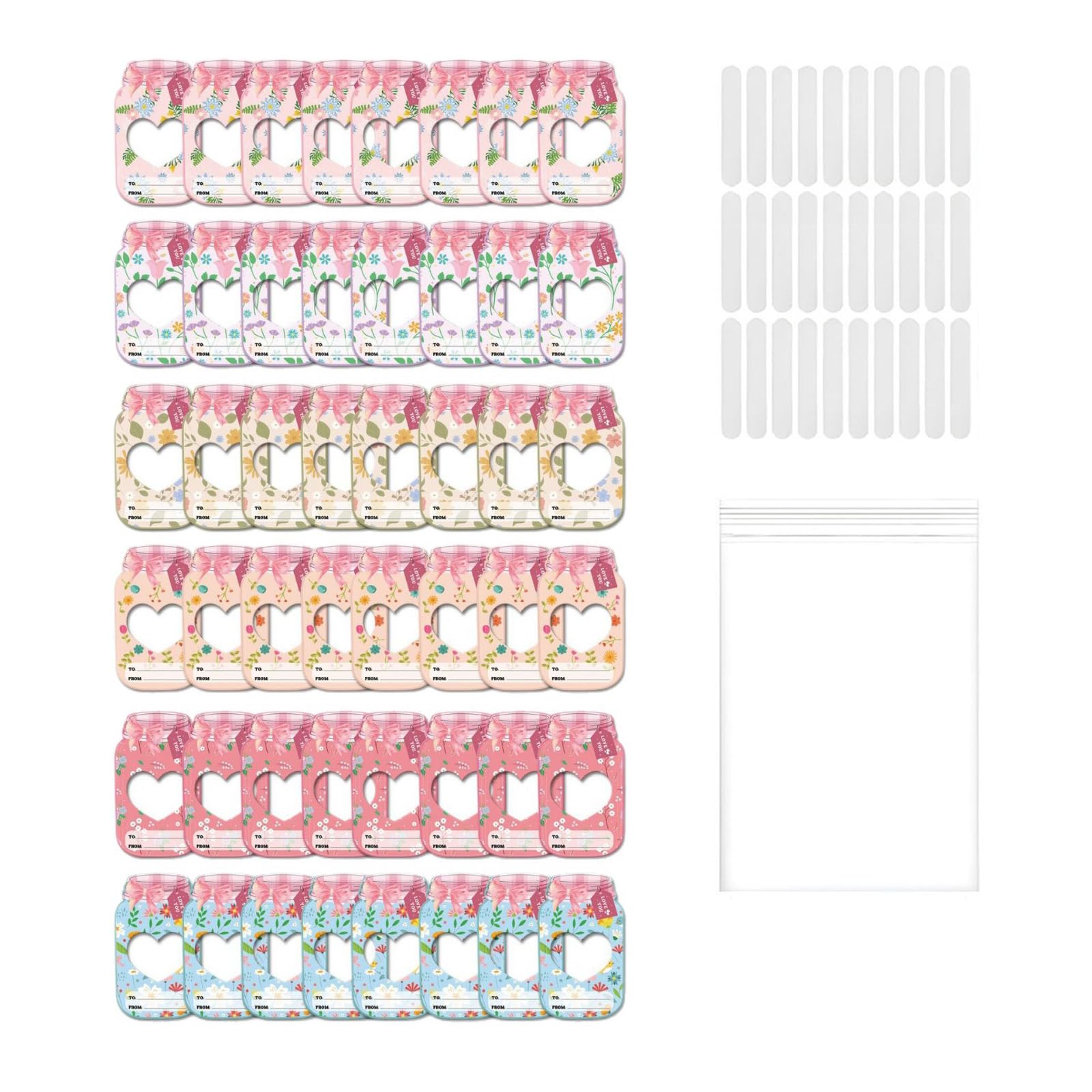 Jazuaiao 24/48Pcs Candy Jar Paper Valentines Cards with Candy Wrapping Bag Valentines Exchange Gift Set for Student Children Valentine Card