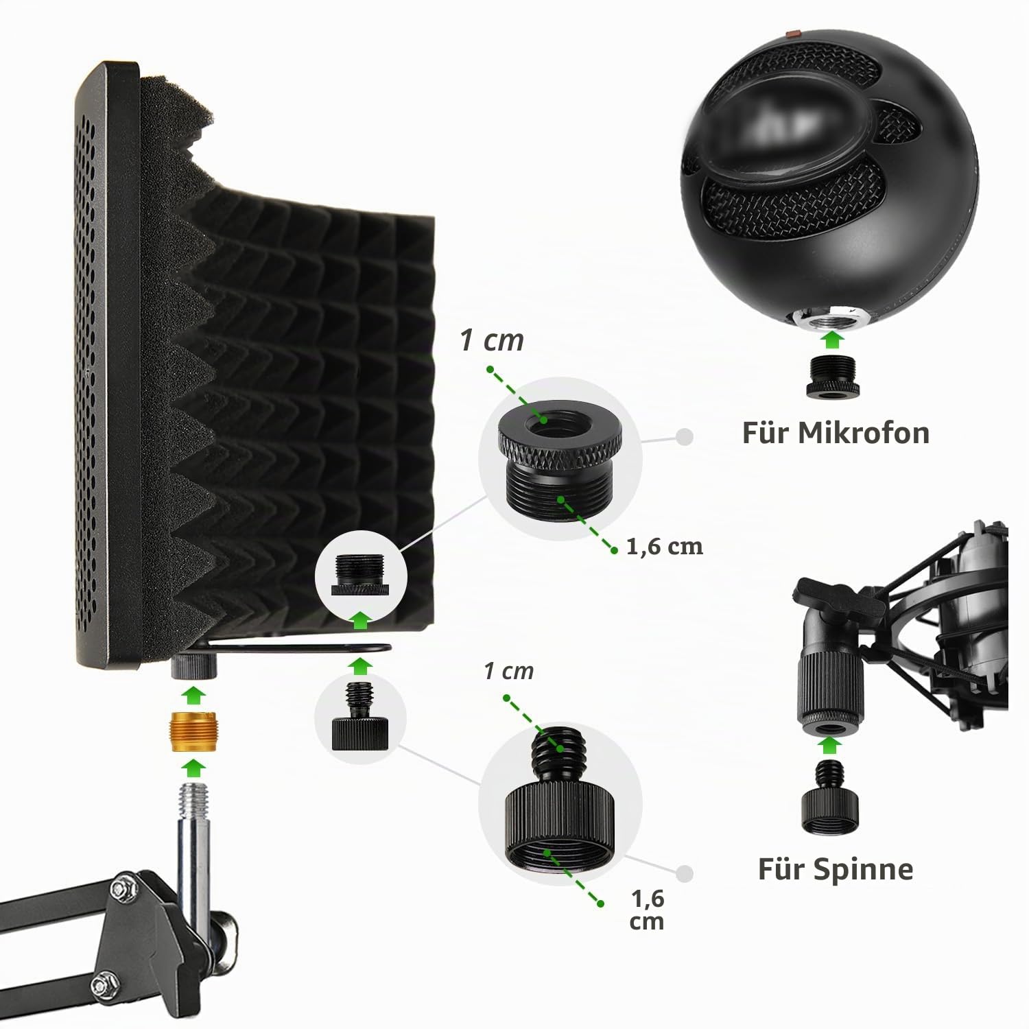 Mikrofon Isolation Shield with Mikrofonarm & Pop-Filter & 5 Gewindeadapter, 3 Schicht Metallpaneel Faltbar Mikrofon Schallschutz für Schall-Absorbersystem für Studio