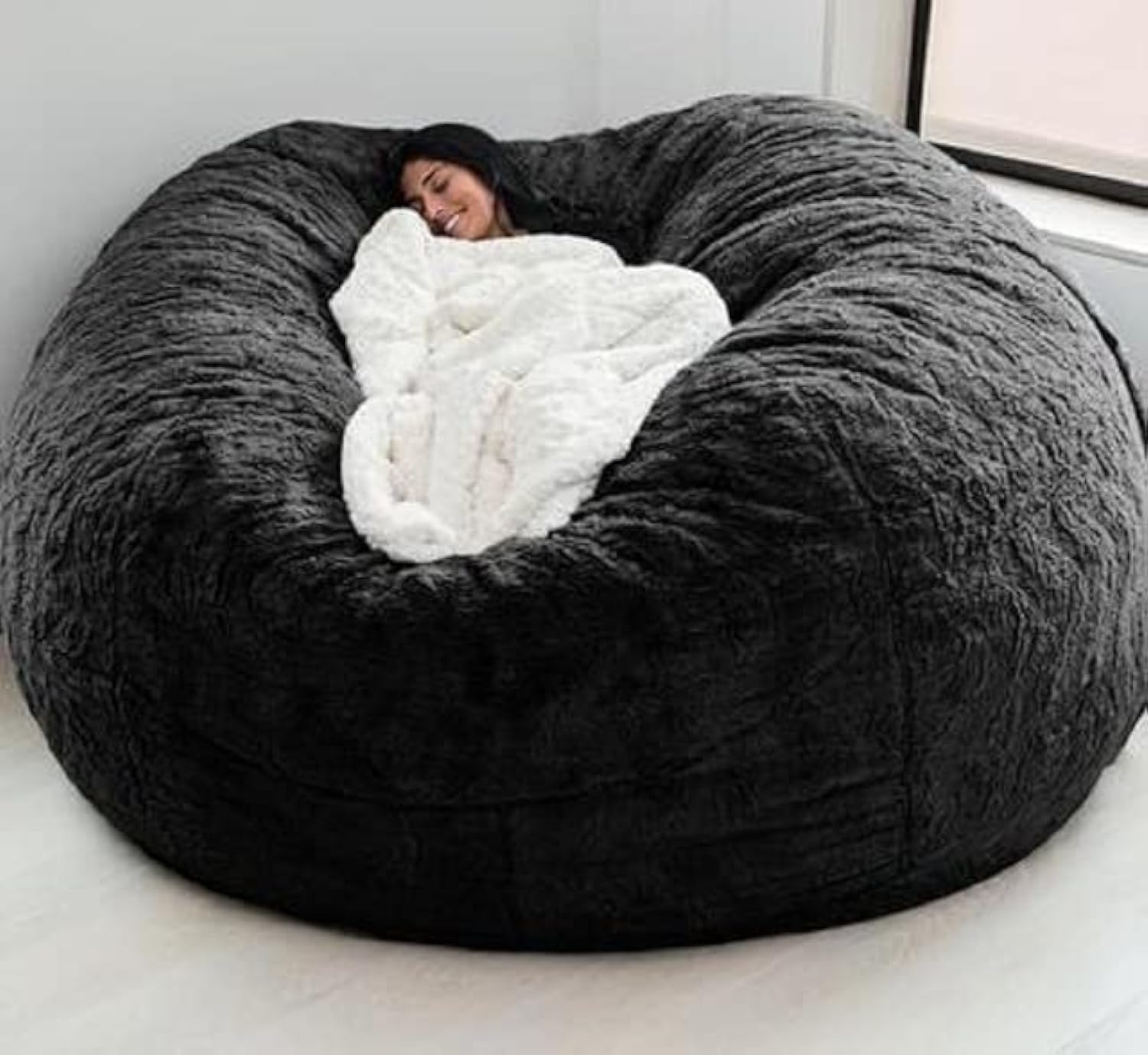 LIMOS Bean Bag Chair Cover (No Filler), Oversized Soft Fluffy PV Velvet Sofa Bed, Comfortable Lazy Sofa (135cm x 65 cm, Black)