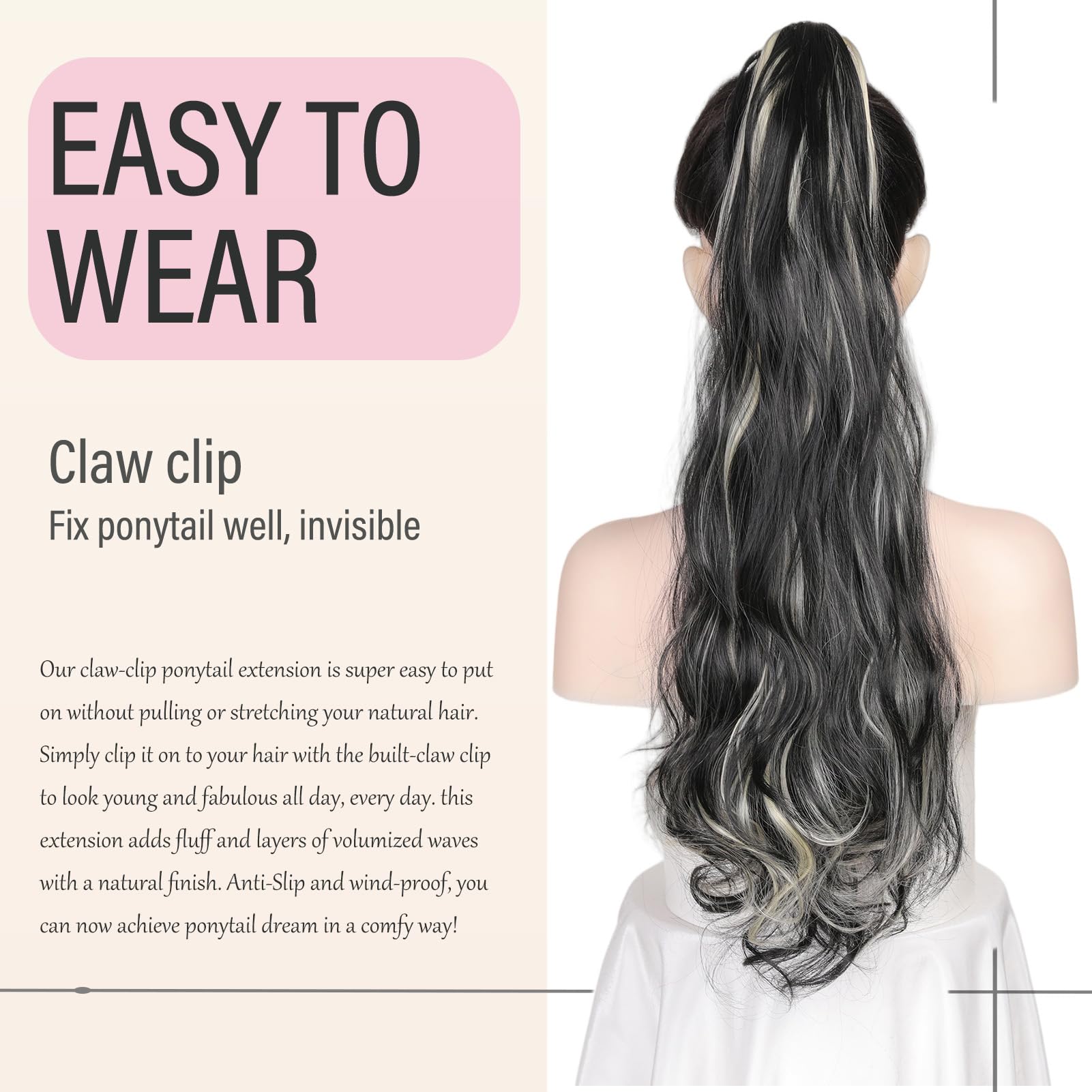 Dcbaboo Ponytail Extension Curly 18inch Claw Clip in Ponytail Hair Extensions Long Wavy Synthetic Pony tails Natural Wave One Piece Hairpiece Fake Ponytail for Women Natural Black & Bleach Blonde - Image 4