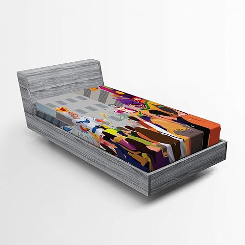 Miniatura 8 de Ambesonne New Orleans Fitted Sheet, People in Mardi Gras Festival Cartoon Style Fat Tuesday Carnival with a Parade, Bed Cover with All-Round Elastic