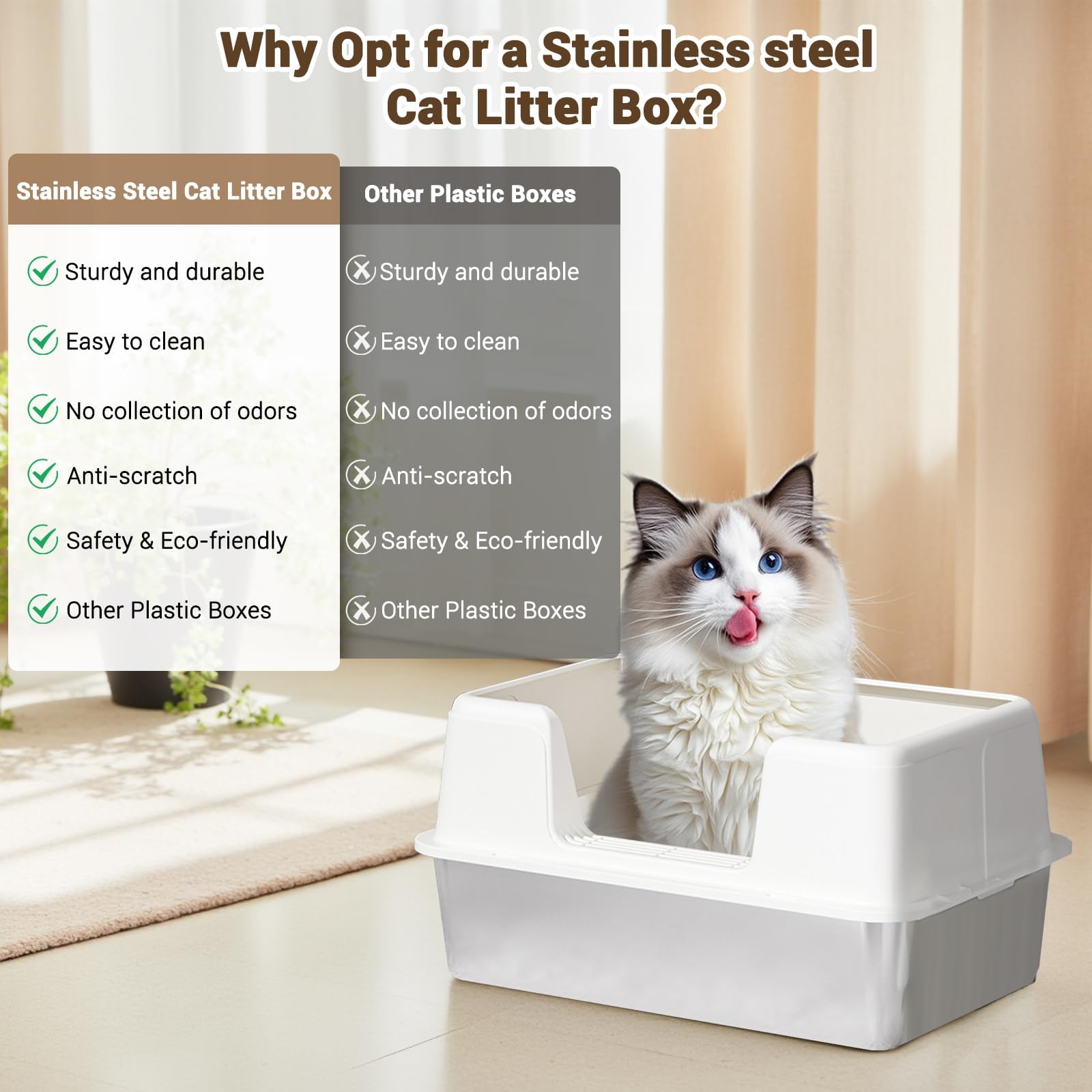 GarveeHome Groß Katzenklo Edelstahl, Halbgeschlossen Katzenklo Edelstahl Leicht zu Reinigen, Hoher Abnehmbarer Metall Katzentoilette mit Anti-Rutsch Matte, Katzenstreuschaufel, 60x40x31.5CM,Weiß