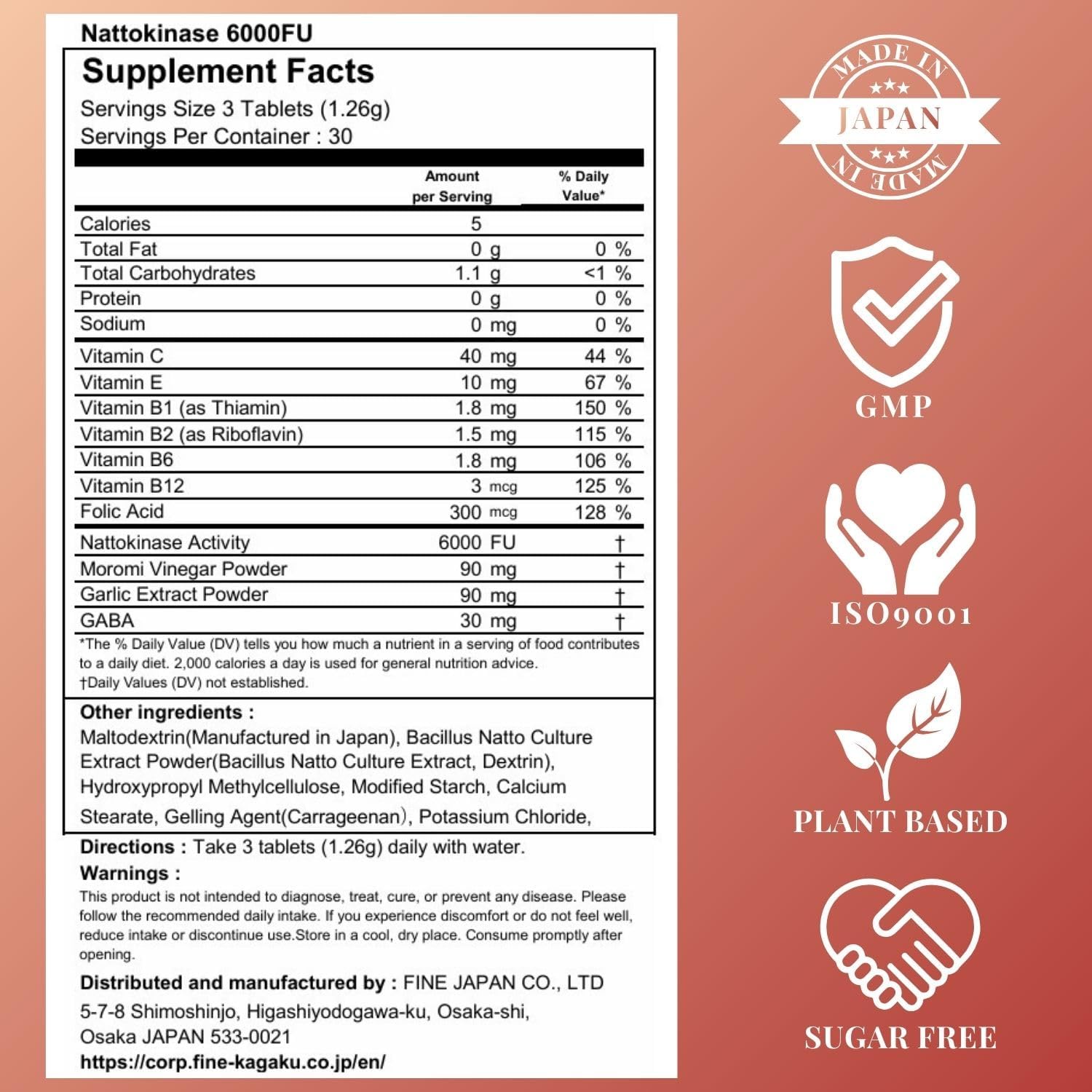 FINE JAPAN Nattokinase 6000FU – Japanese Fermented Natto Enzyme Supplement with Garlic and Vinegar/90 Capsules for 30 Servings/Made in Japan/37.8ｇ(420mg×90tablets)