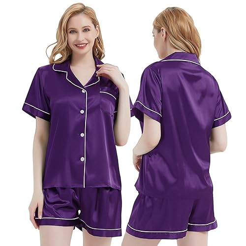 NANJUN Womens Silk Satin Pajamas Short Sleeve Sleepwear Bride Soft Button Down Loungewear 2 Piece Pjs Set XS-3XL - 3X-Large - Purple01