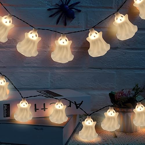 Guirnalda de luces de fantasma de Halloween para exteriores, 8.5 pies, decoración de hadas de Halloween para interiores con 10 luces blancas Genie