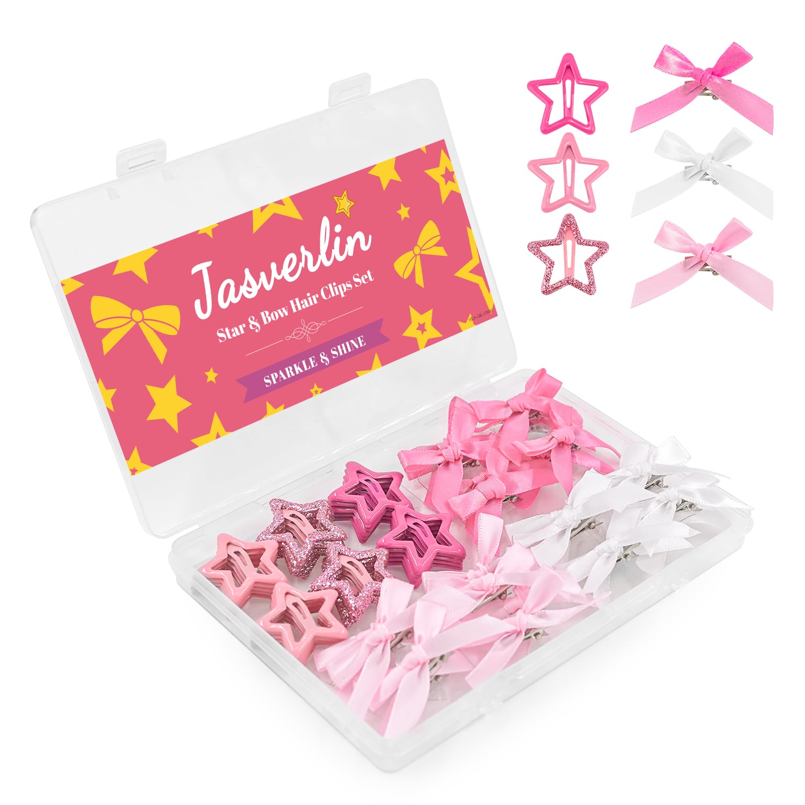 JASVERLIN 60pcs Star Hair Clips & Mini Bows Y2k Accessories Set, Cute Bowknot Goth Snap Clip Hair Barrettes