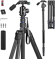 Vista 1 de Manbily - Trípode de viaje de aluminio de 74 pulgadas para cámara DSLR teléfono, cabeza de bola de 360° con mango y placa QR extra de 1/4 pulgadas