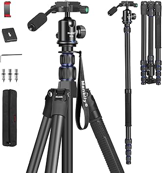 Camera Tripod, Manbily 74" Aluminum Travel Tripod Monopod Stand for Camera DSLR Phone, 360 Ball Head w Handle and Extra 1/4" QR Plate, Payload 17.6lbs, Compatible with Canon Nikon Sony