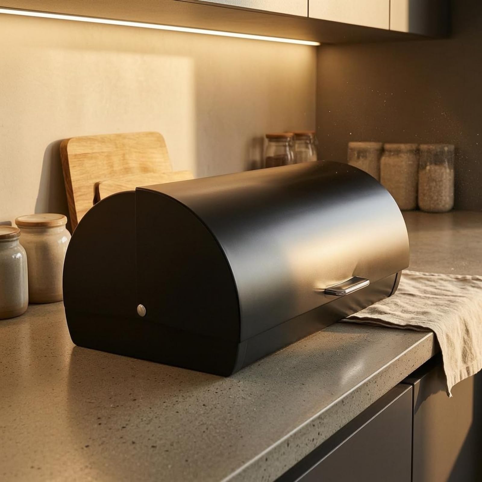 Gralara Acero Inoxidable Contenedor Cocina Recipiente Organizador Tapa Enrollable Mango Frontal Base Rectangular Estable Adecuada para Encimera Hogar y Almacenamiento Diario, Negro