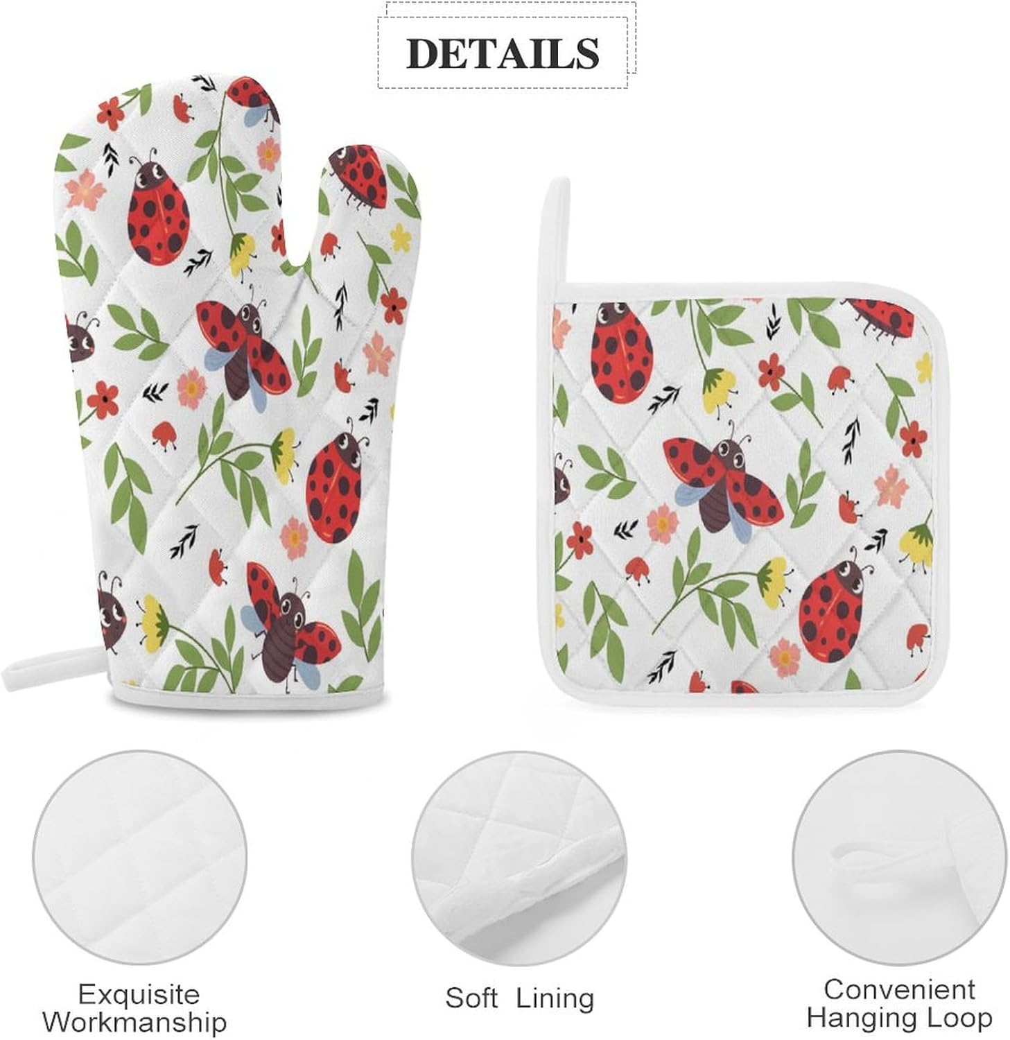 Red Ladybug Print Oven Mitts and Pot Holders 4 Leaf Flower Wild Animal Cute Ladybug Piece Setven Mitts and Potholders Cooking Gloves Suitable Kitchen Baking