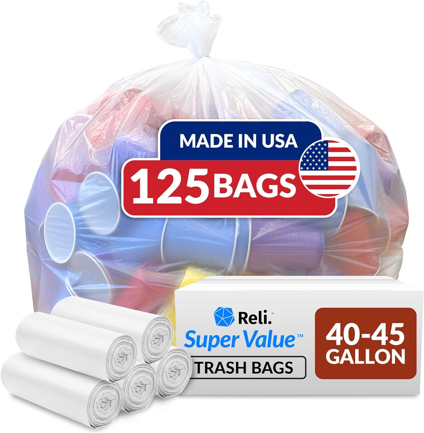Reli. 40 to 45 Trash Bags Heavy Duty | 125 Trash Bags | Super Sizeable for Serious Garbage Cleanup (Clear)