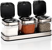 Vista 1 de DEAYOU 3 Pack Glass Seasoning Box with Tray, Clear Condiment Canister with 18/10 Stainless Steel Lid and Spoon, Kitchen Spice Pot with Base, Salt