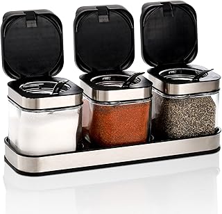 DEAYOU 3 Pack Glass Seasoning Box with Tray, Clear Condiment Canister with 18/10 Stainless Steel Lid and Spoon, Kitchen Spice Pot with Base, Salt Pepper Sugar Storage Container Jar Cruet for Desk