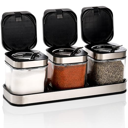 DEAYOU 3-Pack Glass Seasoning Box with Tray, Clear Condiment Canister with 18/10 Stainless Steel Lid and Spoon, Kitchen Spice Pot with Base, Salt Pepper Sugar Storage Container Jar Cruet for Counter
