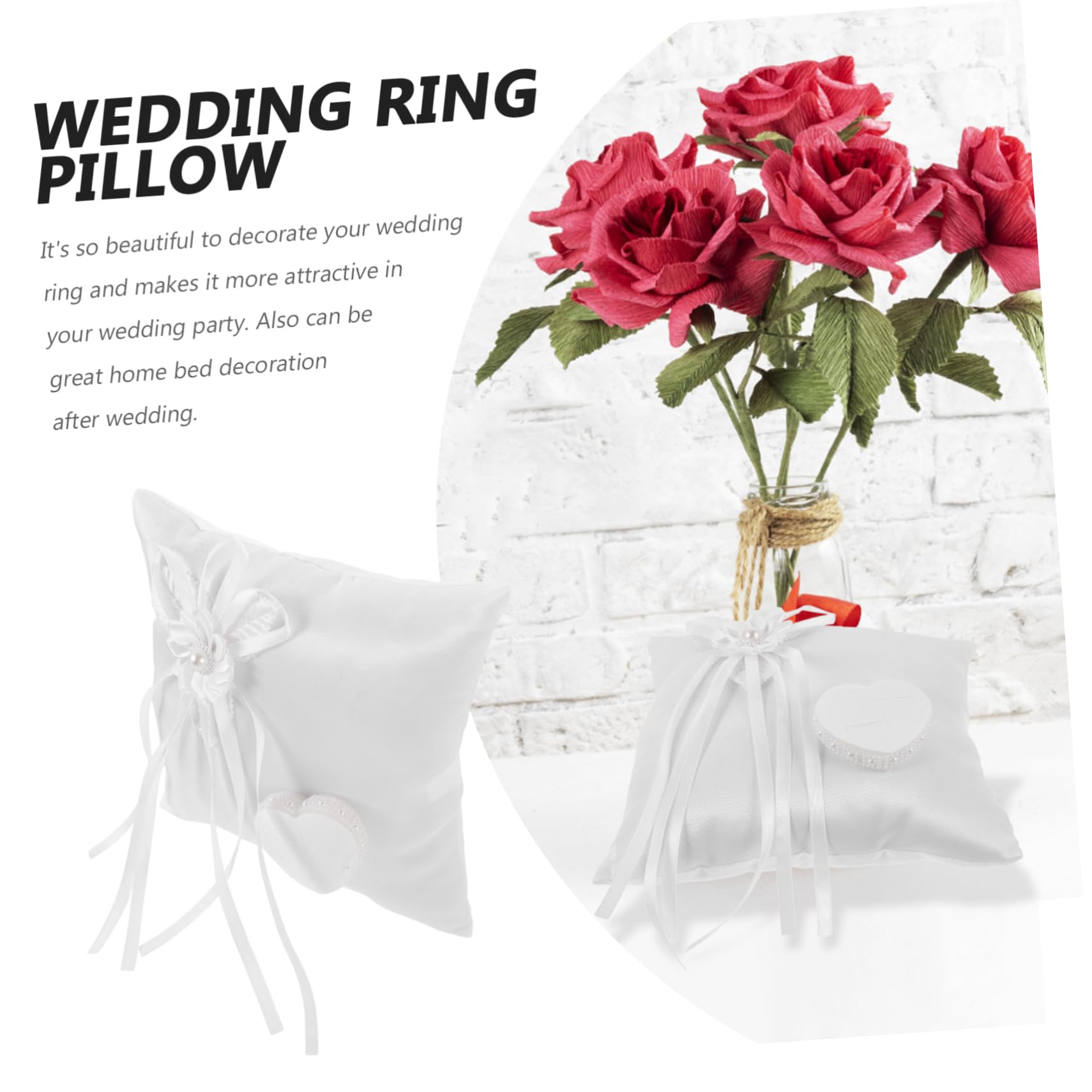 PartyKindom Ringkissen Hochzeit Weiß, Quadratisch 20x20x7cm aus Gewebe | Blumendesign mit Herz, Wiederverwendbar und Leicht zu Tragen, für Brautpaar bei Hochzeit