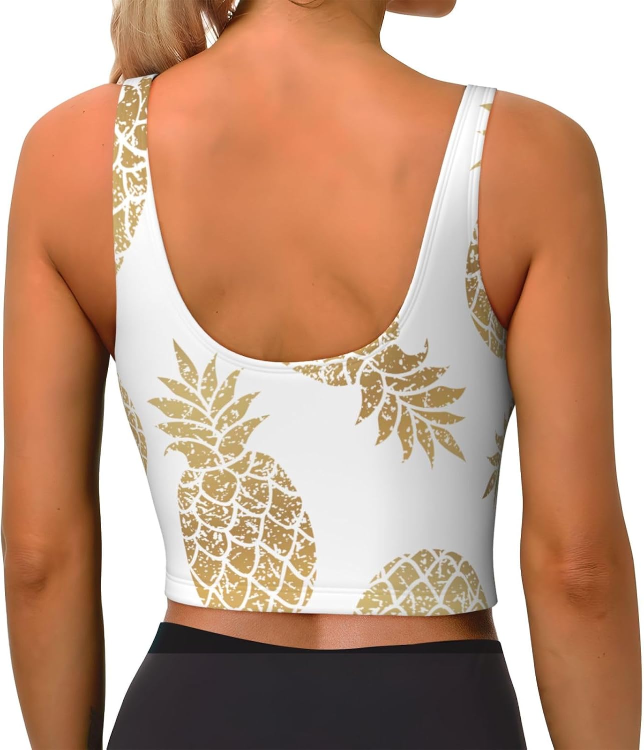 Golden Pineapple Background Print Women's Strappy Sports Bra, Stretch Gym Bras U Neck Yoga Tops, Comfort Seamless Bra