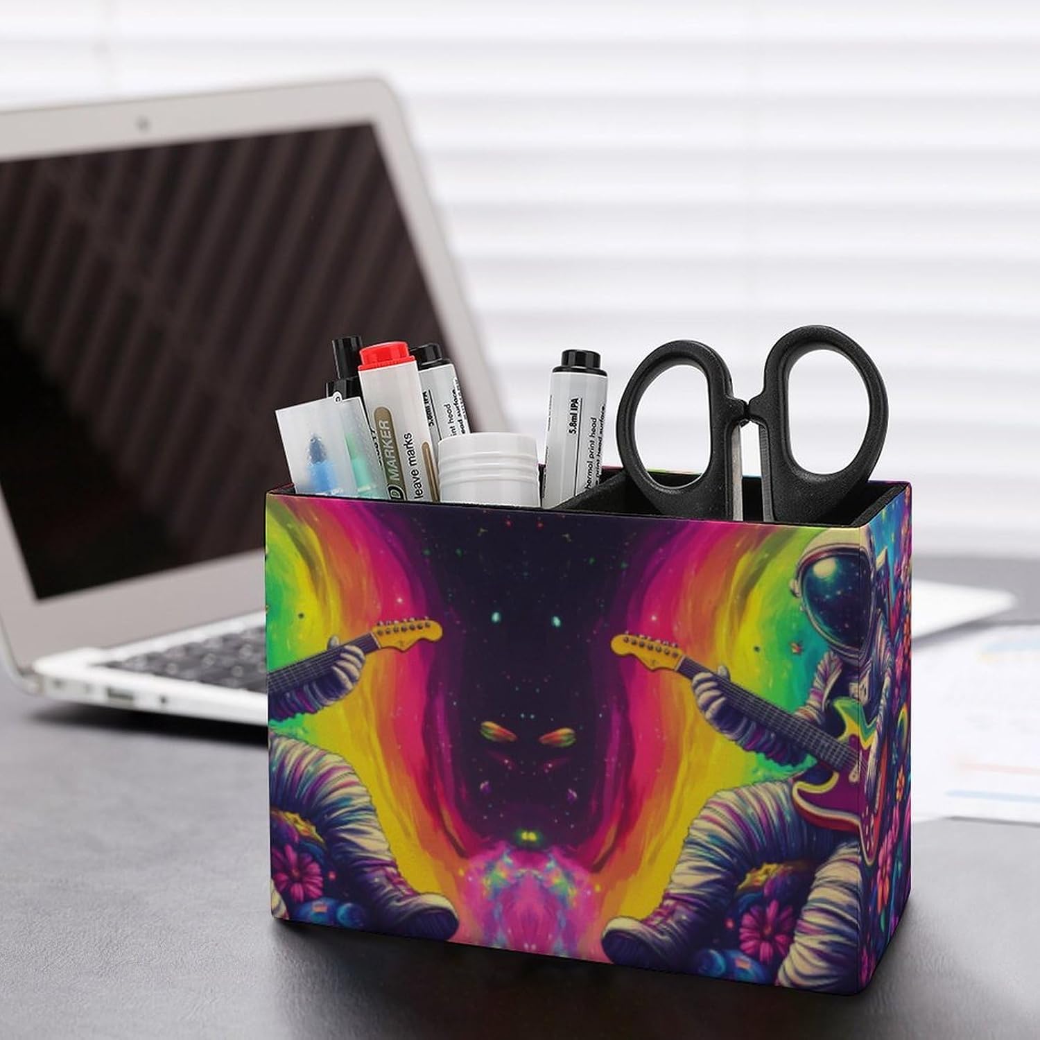 Astronauts Playing Guitar in Spacees Pencil Pen Holder PU Leather Desk Storage Organizer Makeup Brush Box