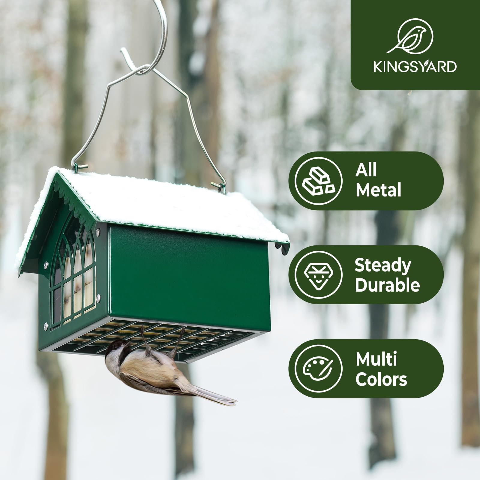 Kingsyard Comedero doble de sebo para pájaros con techo resistente a la intemperie, todo de metal, comederos de sebo boca abajo para colgar al aire libre, ideal para pájaros carpinteros, gallinero,
