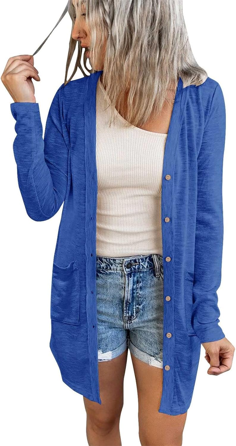 MEROKEETY Women's Open Front Lightweight Cardigan Long Sleeve Button Down Loose Outwear with Pockets
