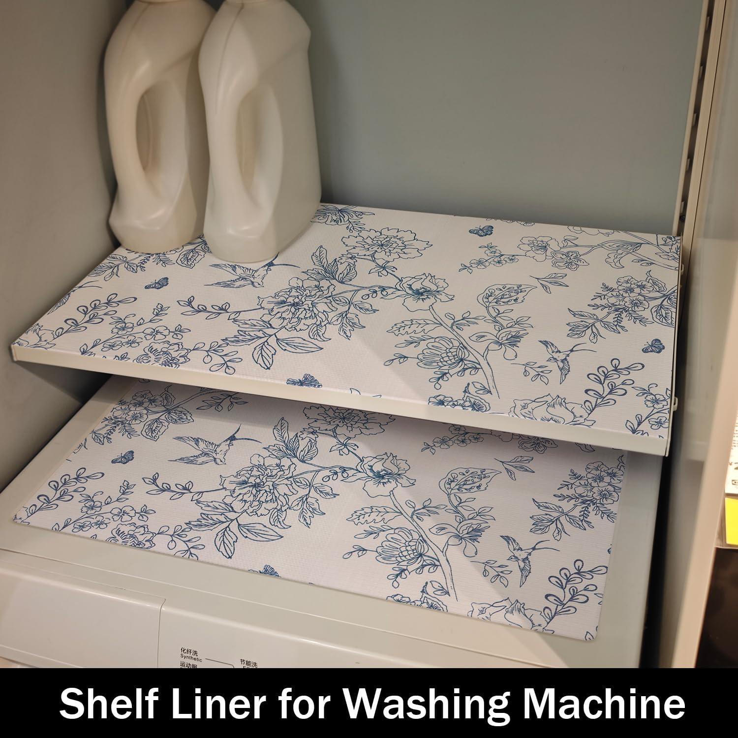 White and Bluer Bird Floral Drawer Liner, 24IN x 10FT, Non-Adhesive and Strong Non-Slip Floral Shelf Cabinet Drawer Liners for Kitchen, Waterproof Cupboard Liners,Easy to Clean