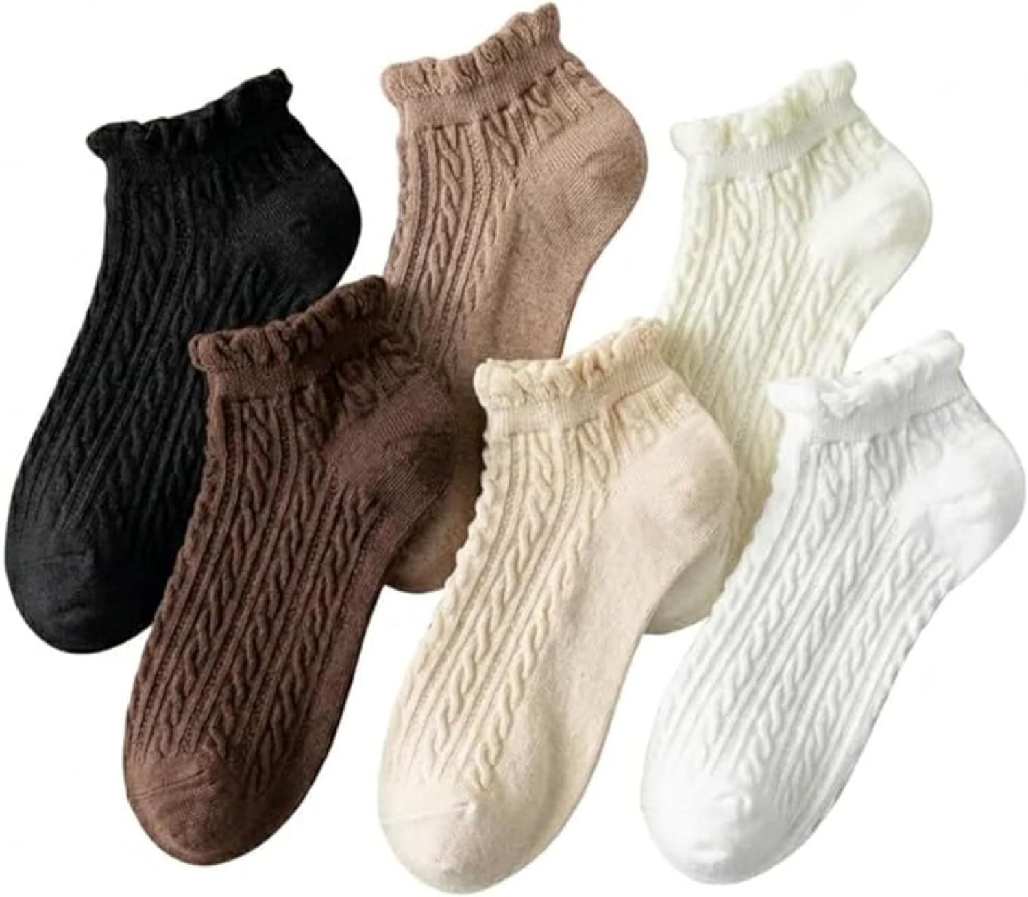 6 Pairs Ruffle Socks Women, Frilly Cotton Cable Knit Cute Dress Ankle Socks, Soft Breathable Casual with Low Cut (5-9)