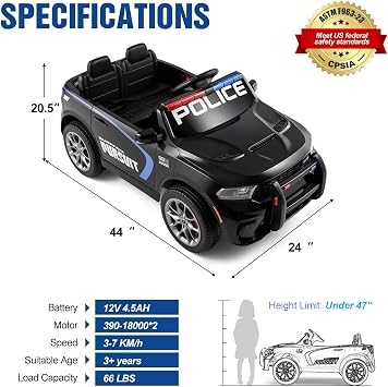 12V Kids Ride On Police Car, Licensed Dodge Durango Electric Ride On SUV with Remote Control,Dual 390 Motors, LED Lights, Music, Bluetooth, Siren, Megaphone Battery Powered Ride On Toy for Kids, Black