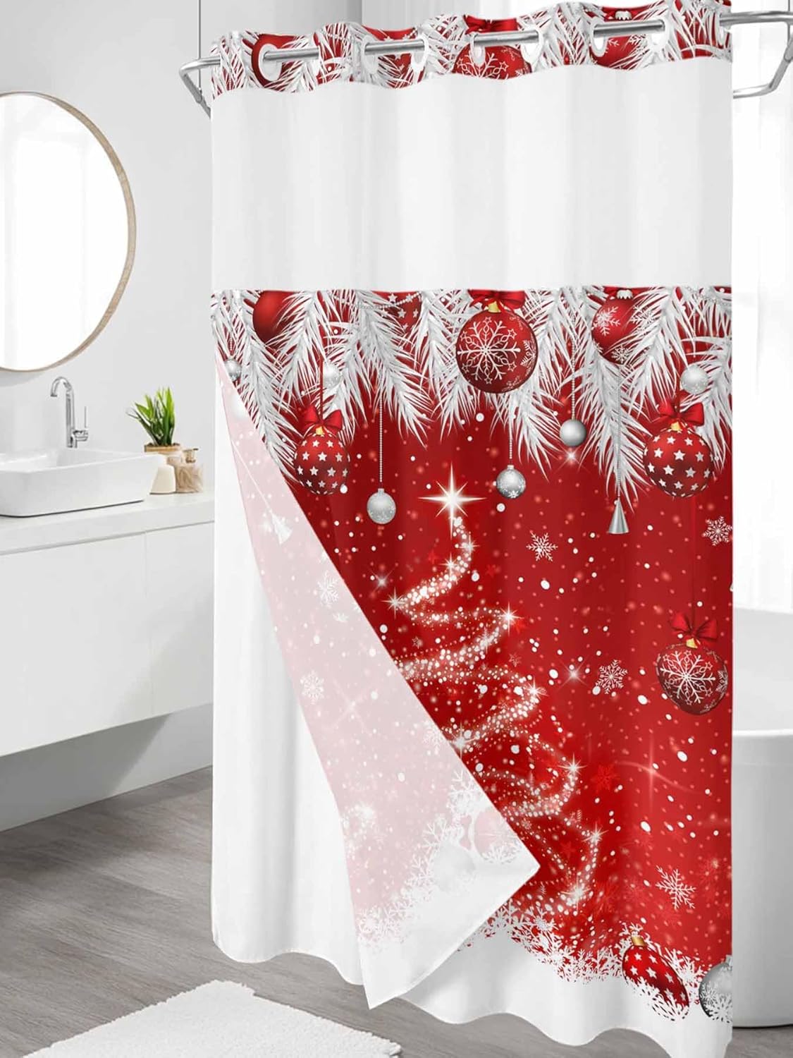 Christmas Shower Curtain with Snap-in Fabric Liner Set Red Christmas Balls No Hook Shower Curtain with Mesh Top Window Xmas Tree Pine Needle Shower Curtains Waterproof 36x72inch